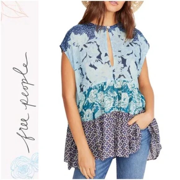 Free People Gotta Have You Blue Floral Tunic L Bohemian Flowy Boho Tiered - Picture 1 of 6